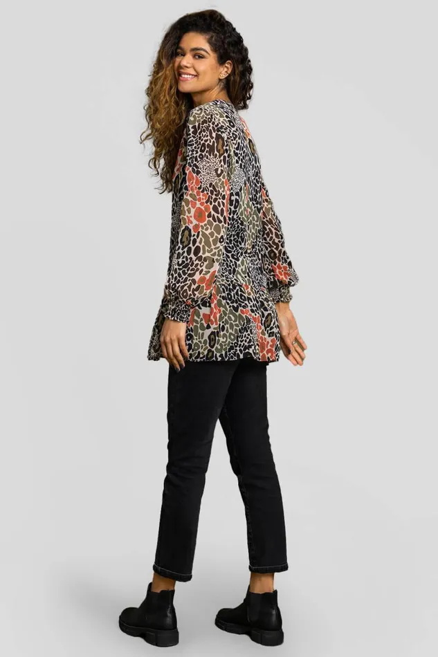 Khaki Chiffon Animal Print Peplum Tunic Top Women Roman Tops