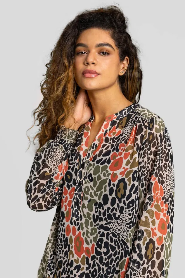 Khaki Chiffon Animal Print Peplum Tunic Top Women Roman Tops
