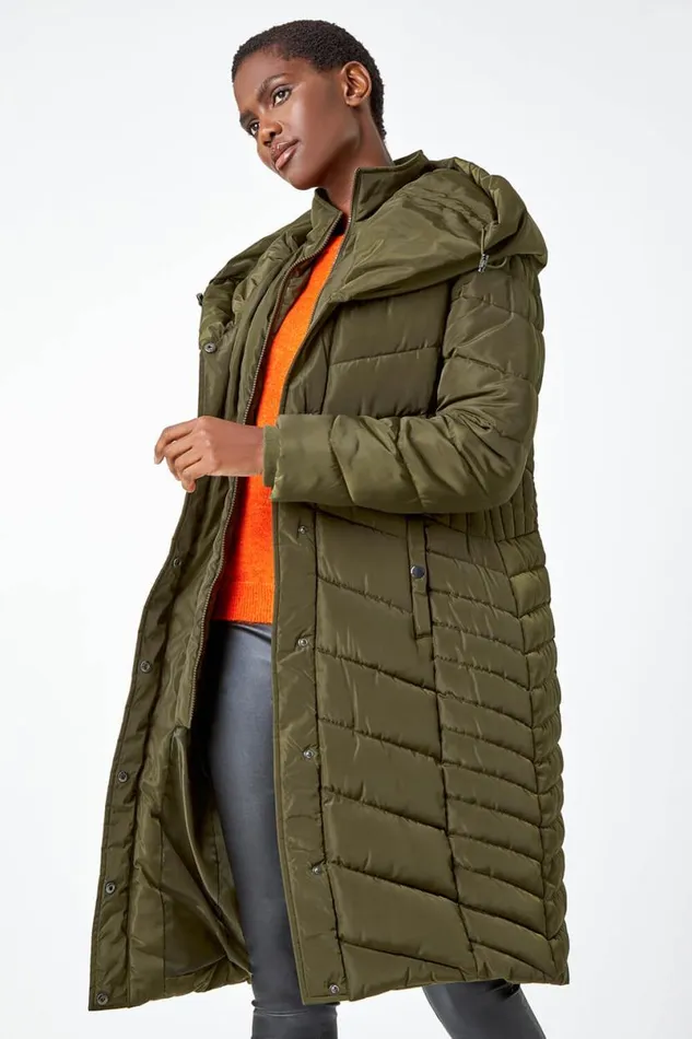 Khaki Hooded Quilted Longline Coat Women Roman Coats