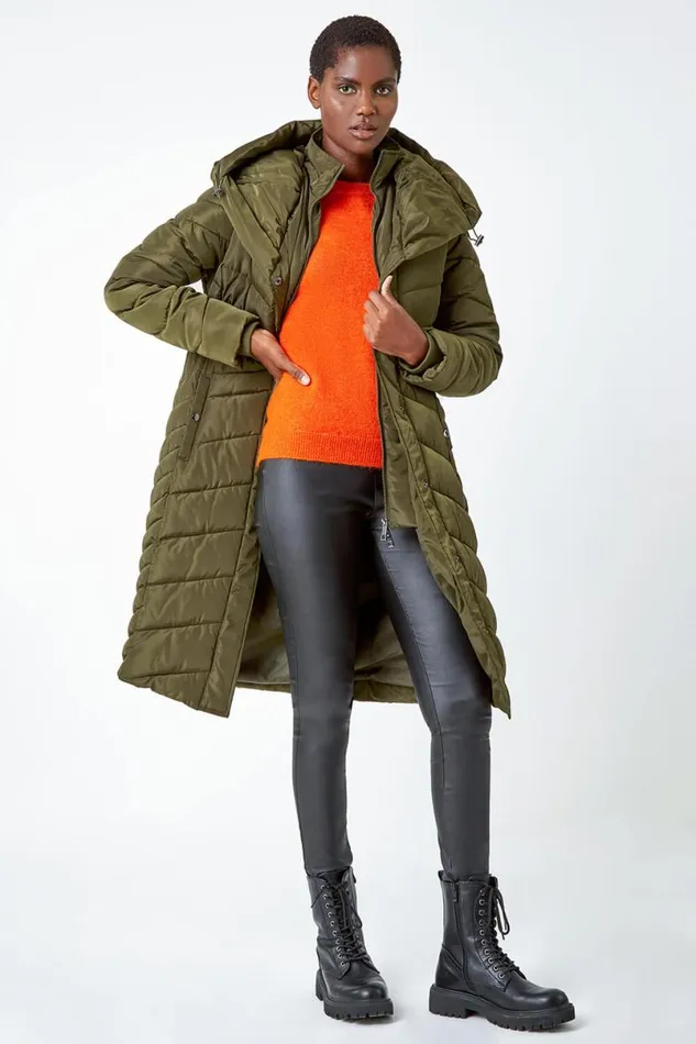 Khaki Hooded Quilted Longline Coat Women Roman Coats