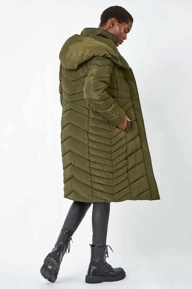 Khaki Hooded Quilted Longline Coat Women Roman Coats