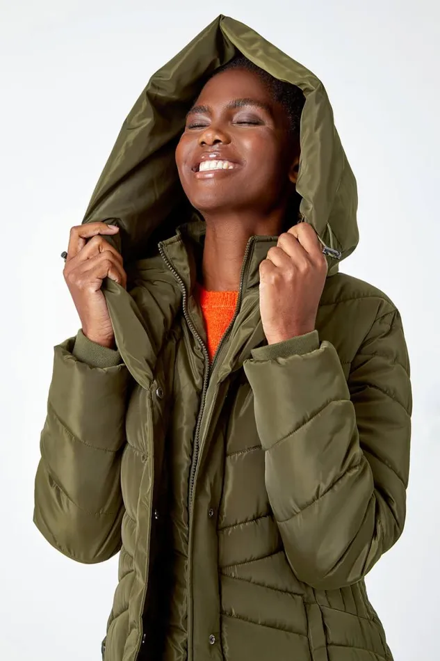 Khaki Hooded Quilted Longline Coat Women Roman Coats