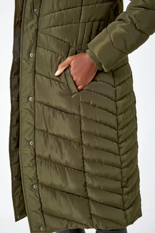 Khaki Hooded Quilted Longline Coat Women Roman Coats