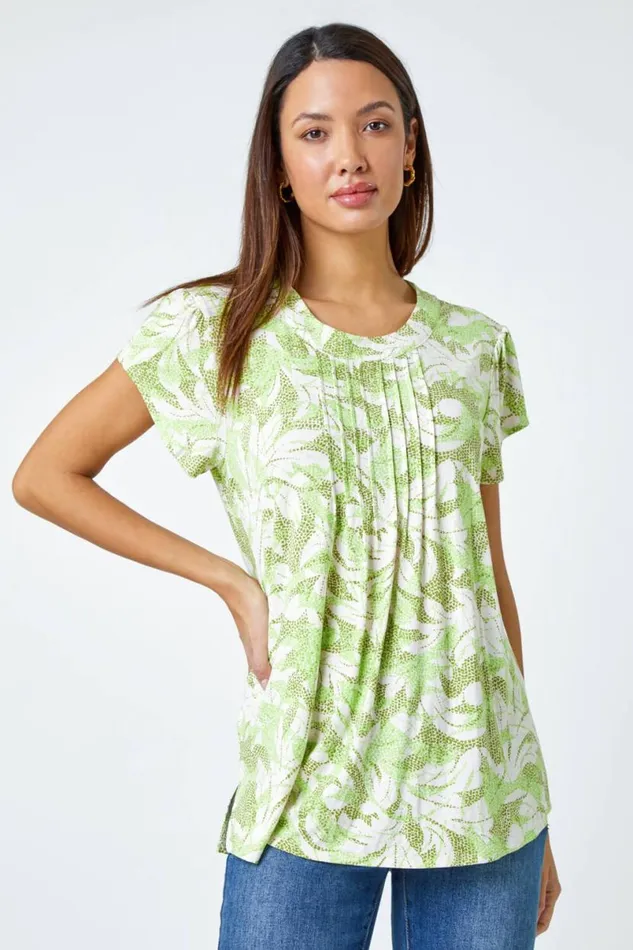 Khaki Leaf Print Pleated Stretch Top Women Roman Tops