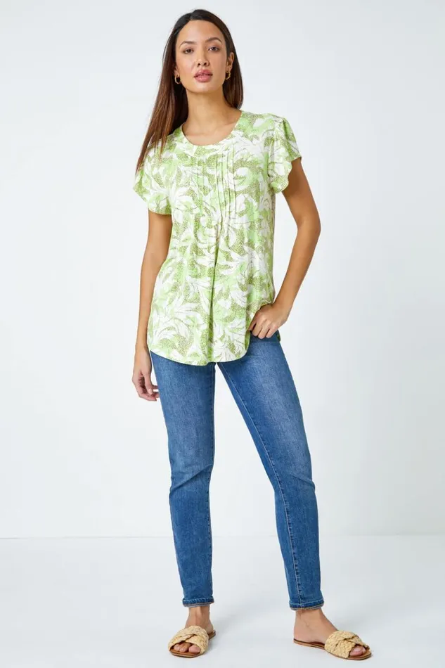 Khaki Leaf Print Pleated Stretch Top Women Roman Tops