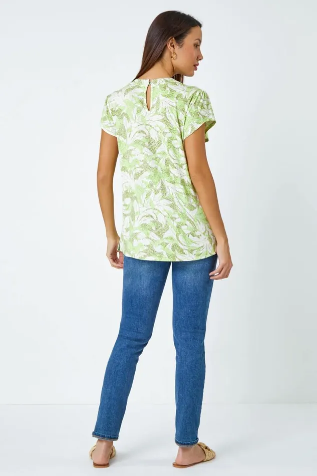 Khaki Leaf Print Pleated Stretch Top Women Roman Tops