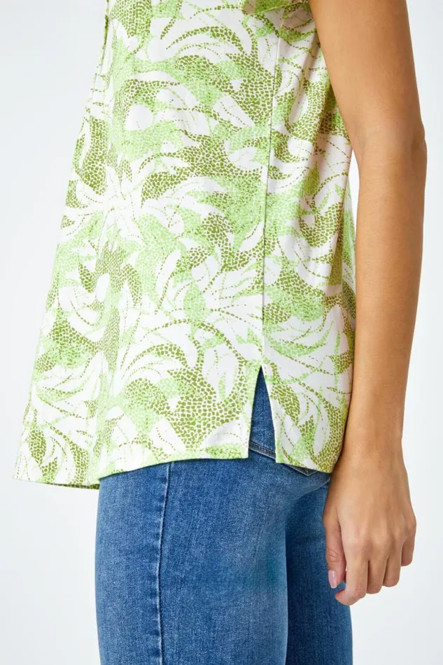 Khaki Leaf Print Pleated Stretch Top Women Roman Tops
