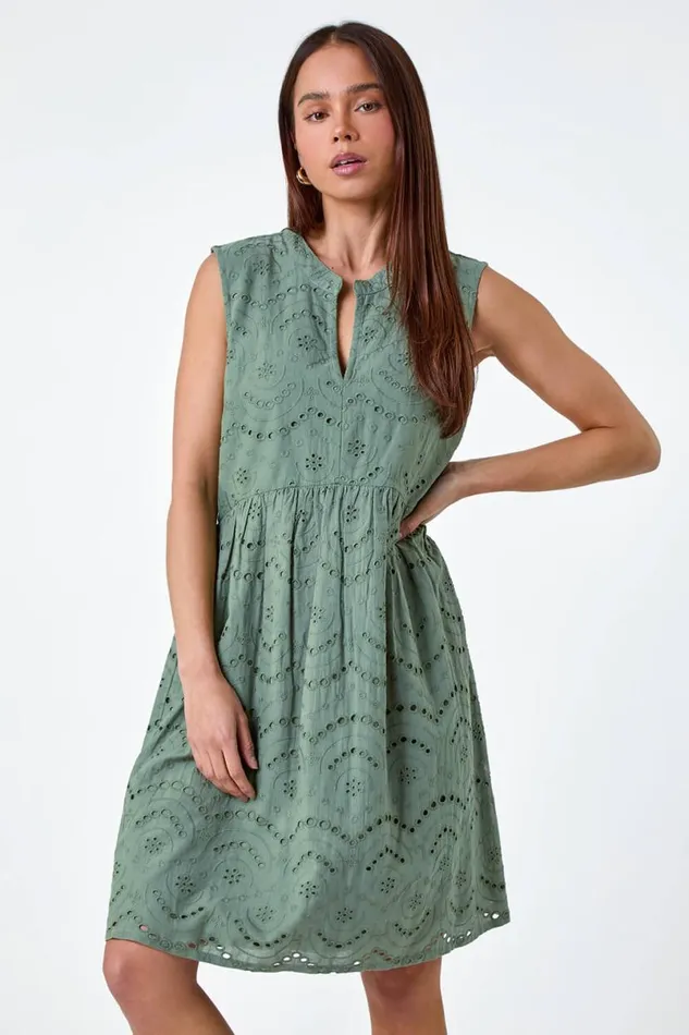 Khaki Petite Broderie Cotton Dress Women Roman Dresses