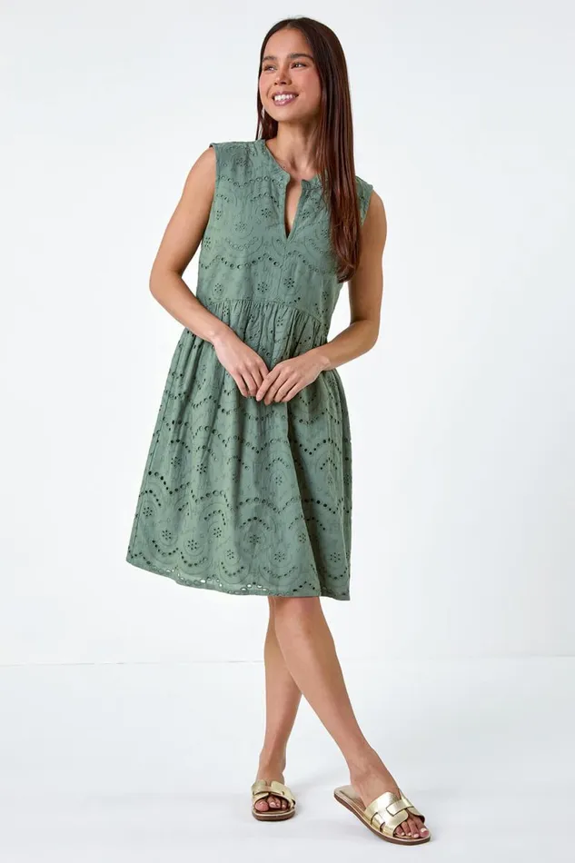 Khaki Petite Broderie Cotton Dress Women Roman Dresses