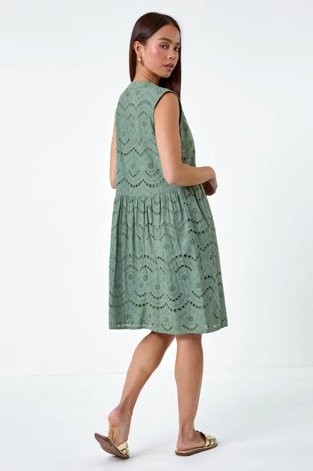 Khaki Petite Broderie Cotton Dress Women Roman Dresses