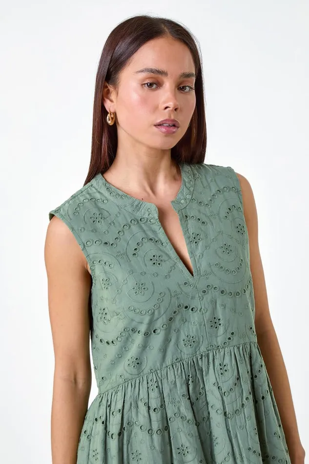 Khaki Petite Broderie Cotton Dress Women Roman Dresses