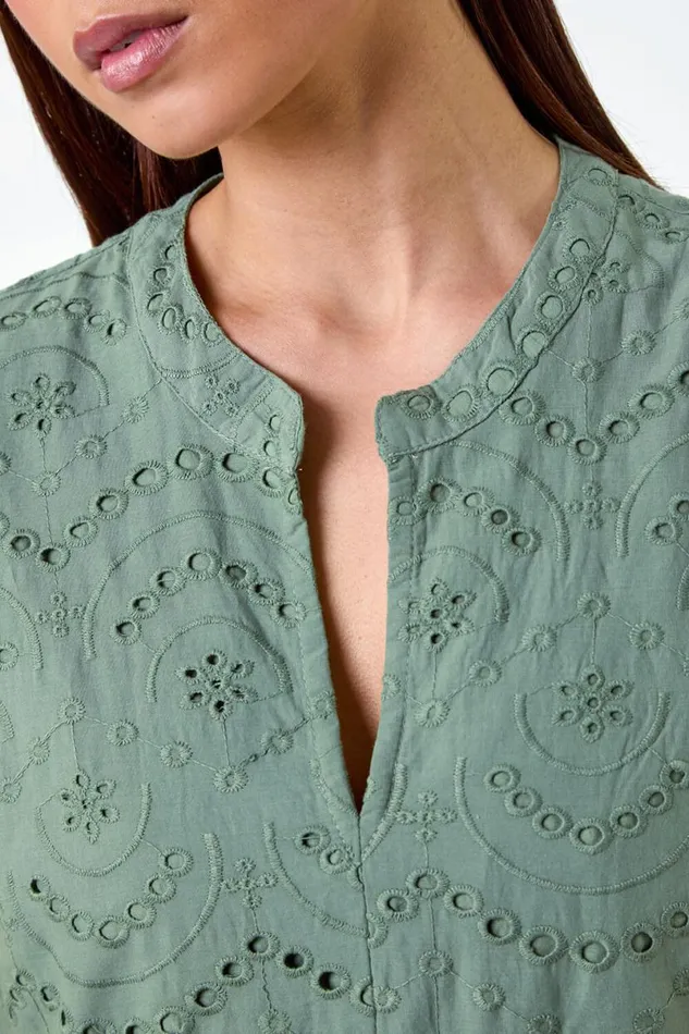 Khaki Petite Broderie Cotton Dress Women Roman Dresses