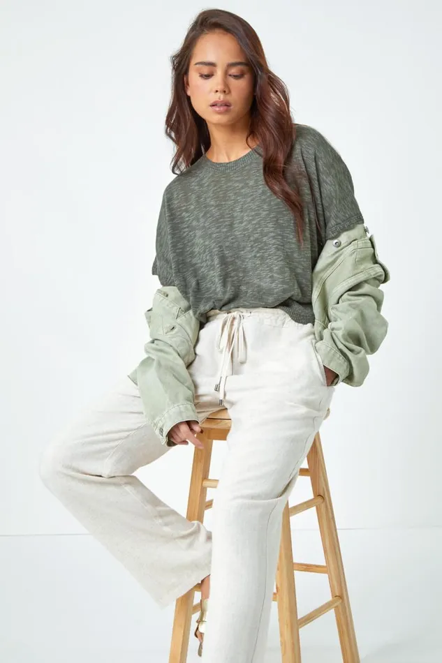 Khaki Petite Cotton Blend Textured Knit Top Women Roman Tops