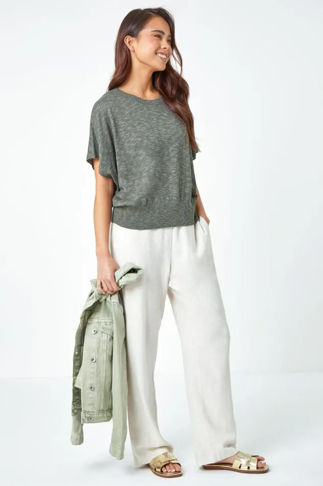 Khaki Petite Cotton Blend Textured Knit Top Women Roman Tops