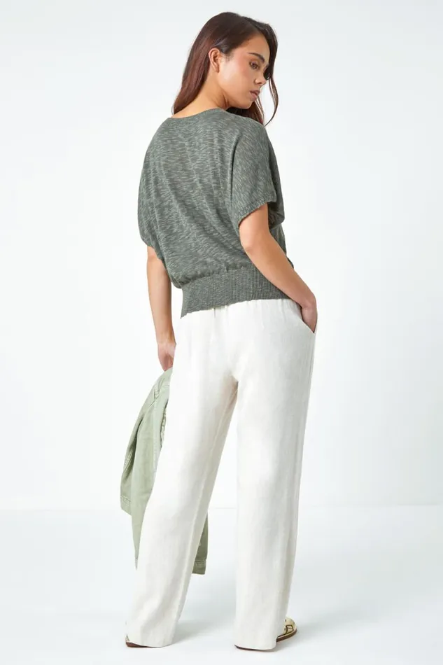 Khaki Petite Cotton Blend Textured Knit Top Women Roman Tops