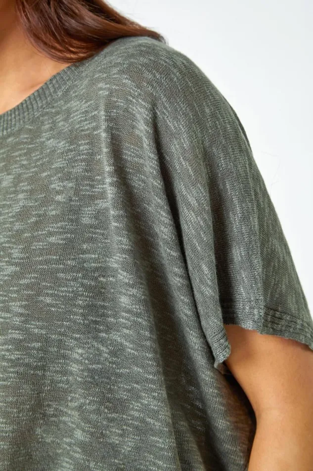 Khaki Petite Cotton Blend Textured Knit Top Women Roman Tops