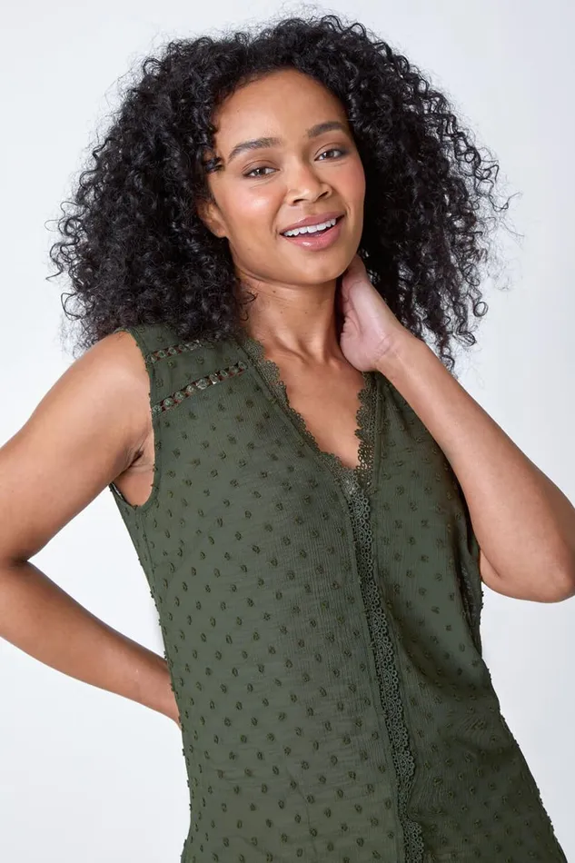 Khaki Petite Spot Print Lace VNeck Tunic Top Women Roman Tops