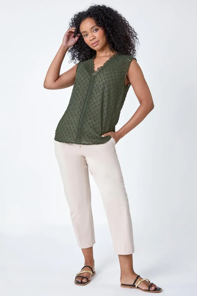 Khaki Petite Spot Print Lace VNeck Tunic Top Women Roman Tops