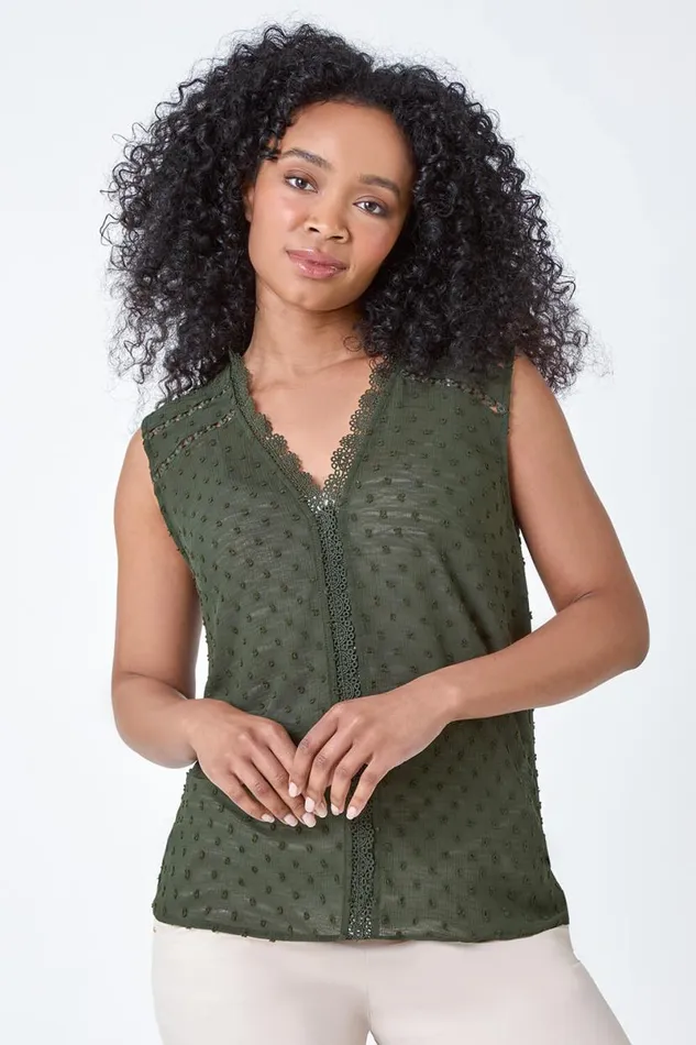 Khaki Petite Spot Print Lace VNeck Tunic Top Women Roman Tops