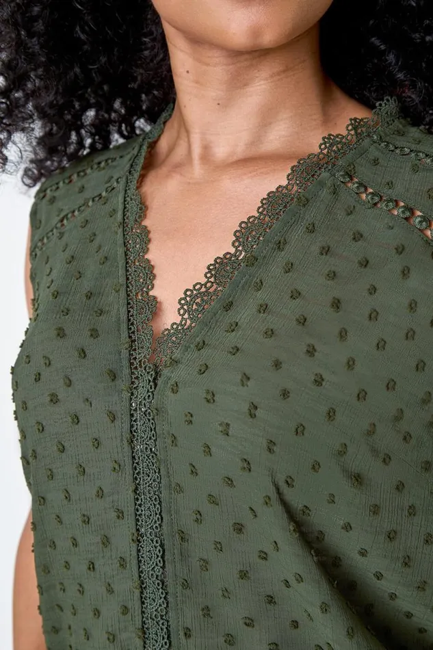 Khaki Petite Spot Print Lace VNeck Tunic Top Women Roman Tops