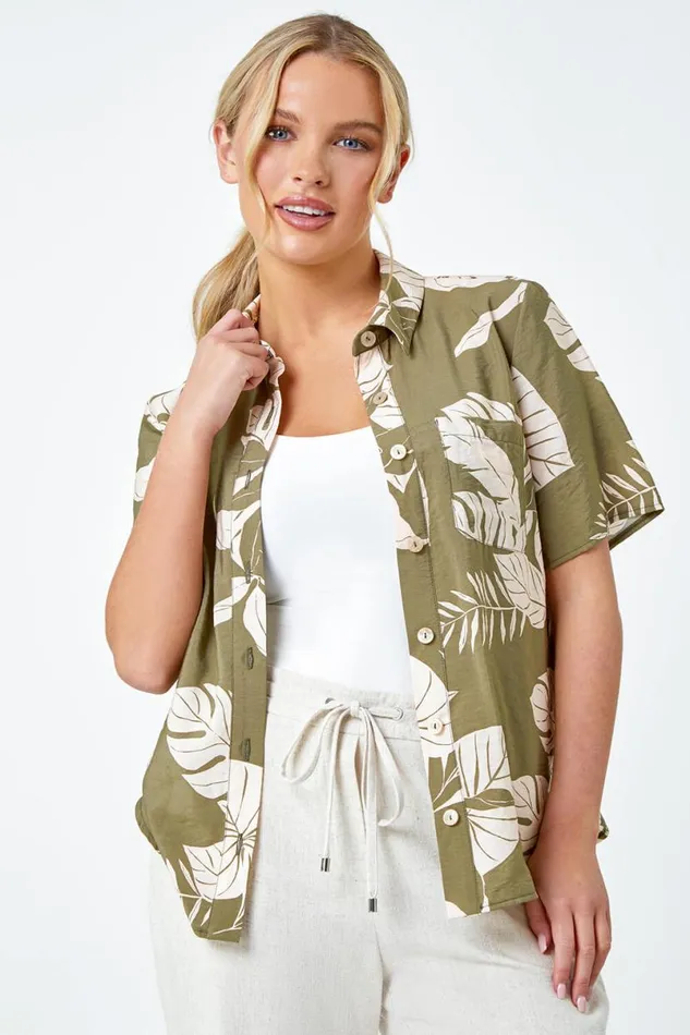 Khaki Petite Tropical Print Shirt Women Roman Tops