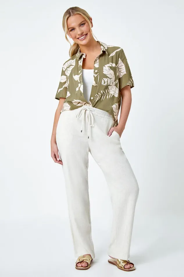 Khaki Petite Tropical Print Shirt Women Roman Tops