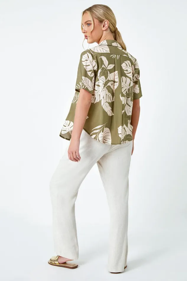 Khaki Petite Tropical Print Shirt Women Roman Tops