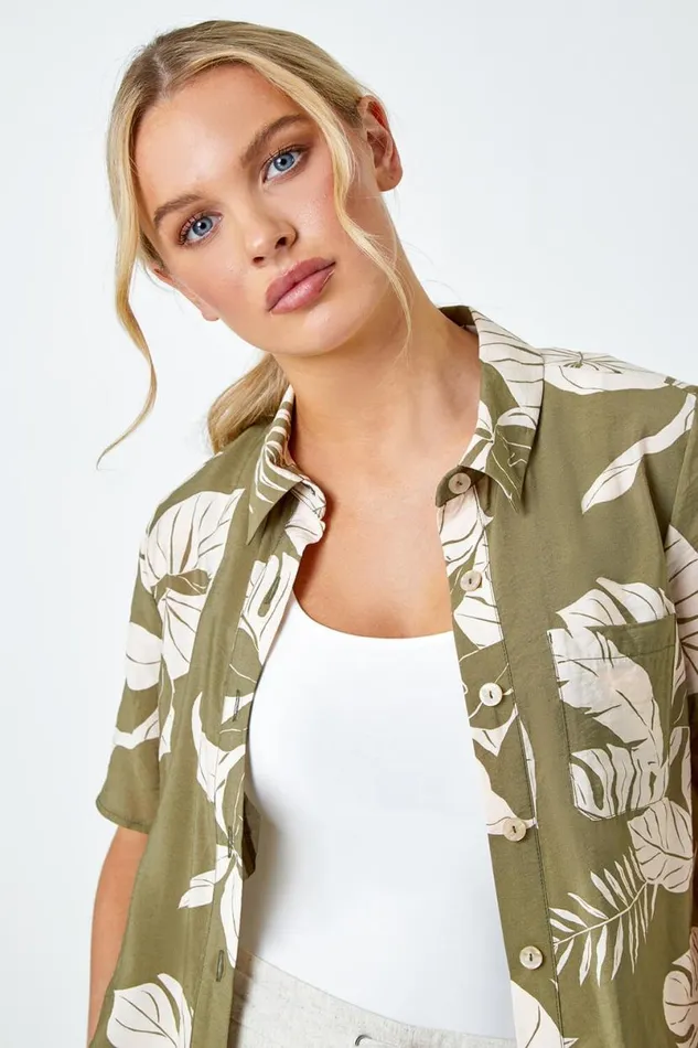 Khaki Petite Tropical Print Shirt Women Roman Tops