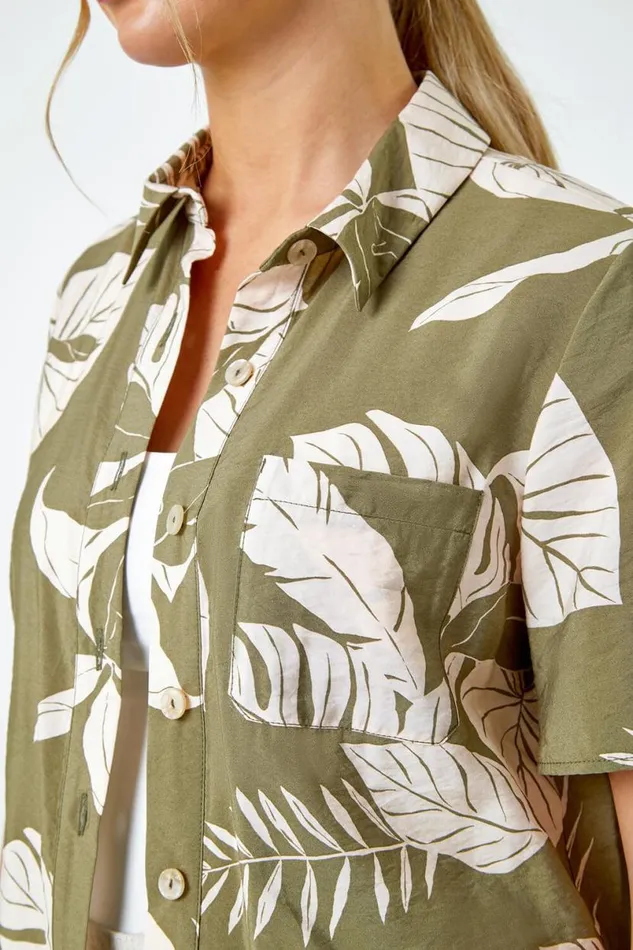 Khaki Petite Tropical Print Shirt Women Roman Tops