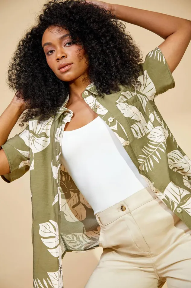 Khaki Petite Tropical Print Shirt Women Roman Tops