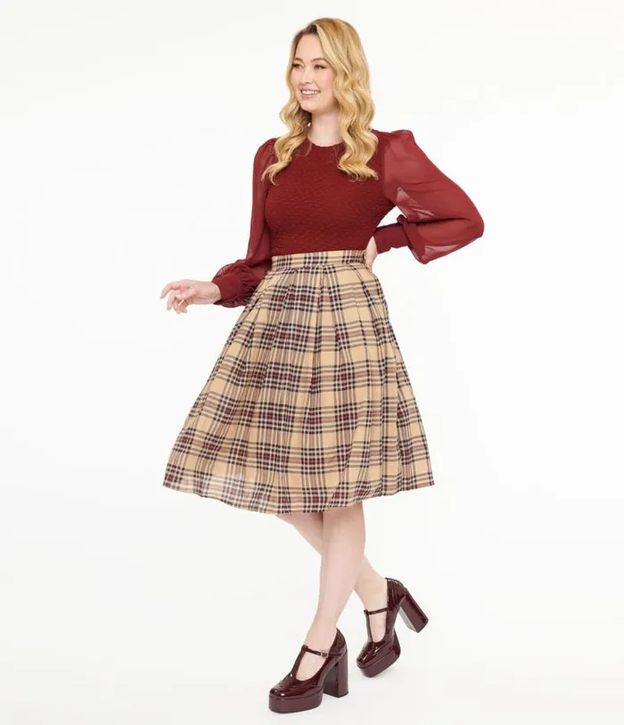Khaki Plaid Fit and Flare Cotton Skirt Clothing Unique Vintage Skirts