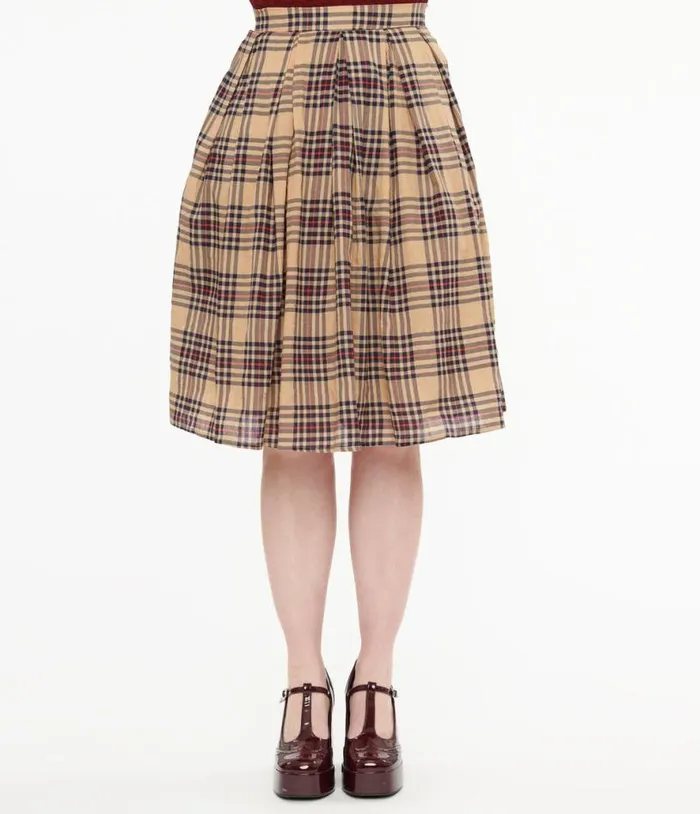 Khaki Plaid Fit and Flare Cotton Skirt Clothing Unique Vintage Skirts