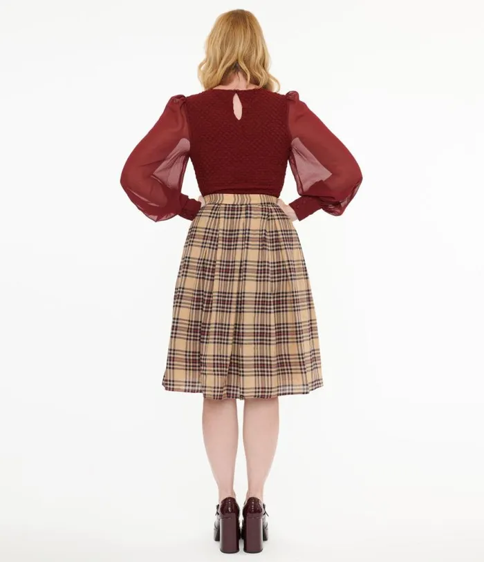 Khaki Plaid Fit and Flare Cotton Skirt Clothing Unique Vintage Skirts