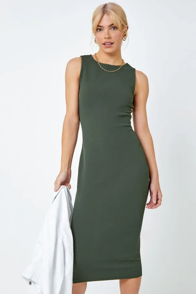 Khaki Sleeveless Midi Stretch Dress Women Roman Dresses