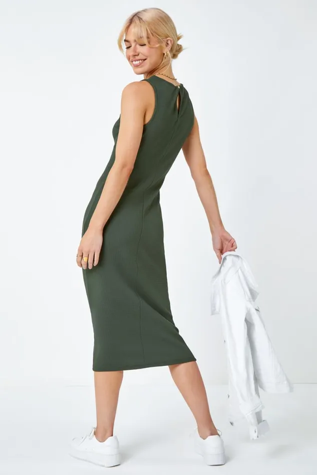 Khaki Sleeveless Midi Stretch Dress Women Roman Dresses