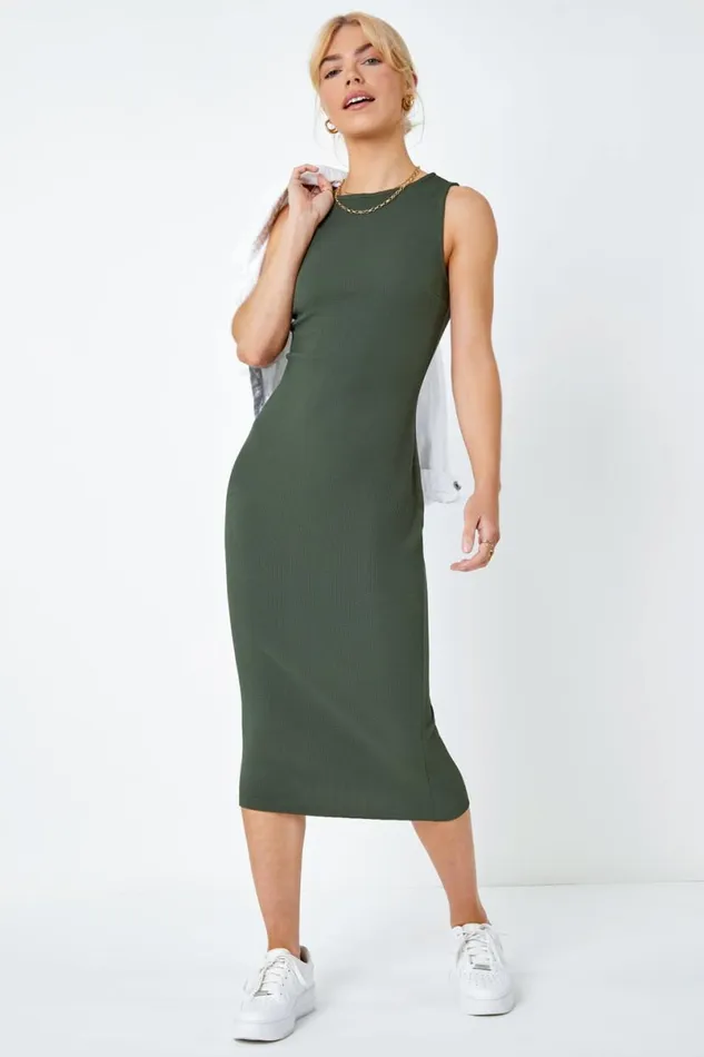 Khaki Sleeveless Midi Stretch Dress Women Roman Dresses
