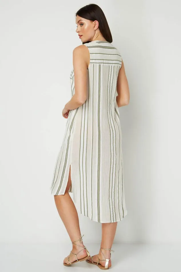 Khaki Stripe A Line Shift Dress Women Roman Dresses