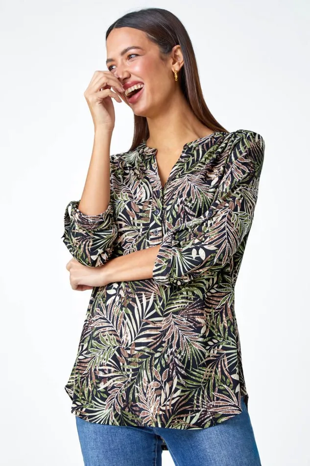 Khaki Textured Leaf Print VNeck Stretch Shirt Women Roman Tops