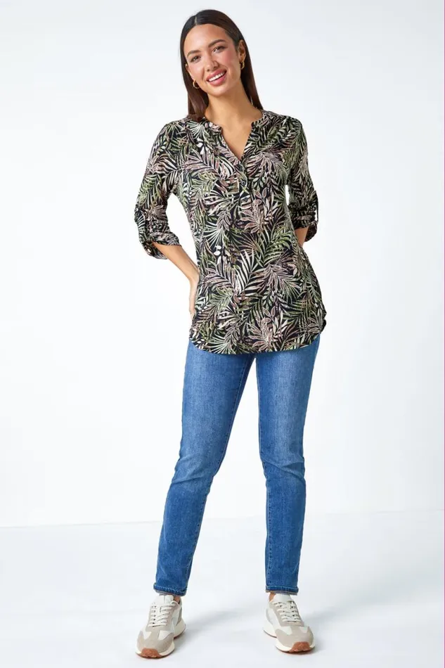 Khaki Textured Leaf Print VNeck Stretch Shirt Women Roman Tops