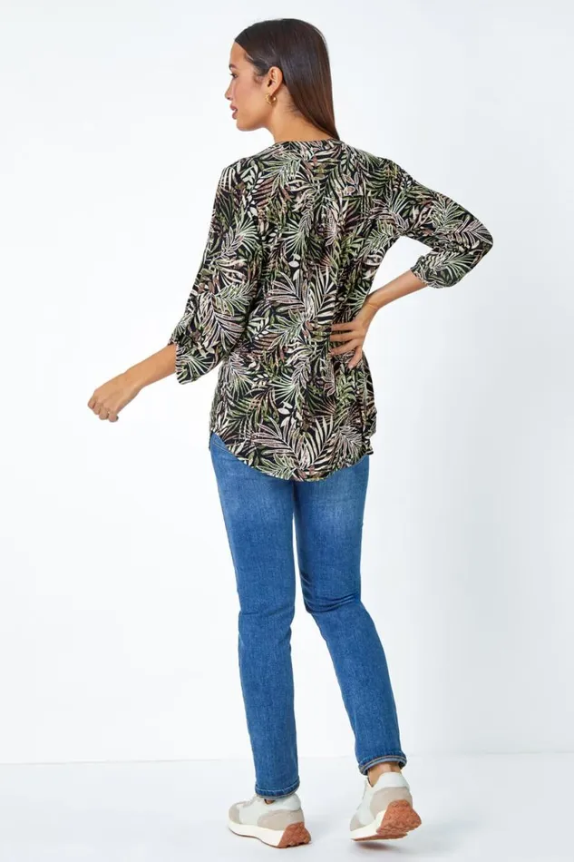 Khaki Textured Leaf Print VNeck Stretch Shirt Women Roman Tops