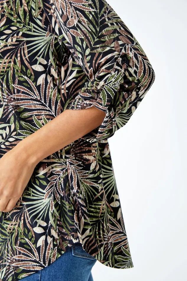 Khaki Textured Leaf Print VNeck Stretch Shirt Women Roman Tops