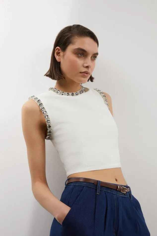 Knitwear Women Karen Millen Embellished Figure Form Knit Racer Top Cream