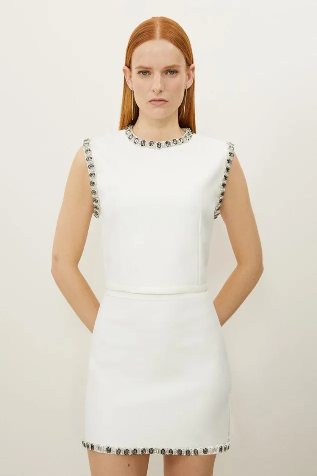 Knitwear Women Karen Millen Embellished Figure Form Knit Racer Top Cream