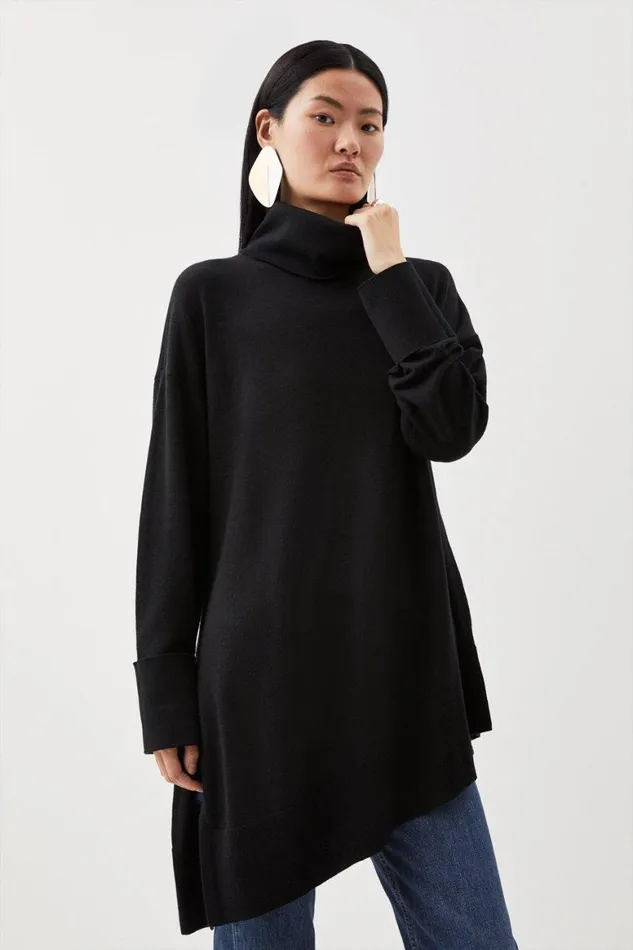 Knitwear Women Karen Millen Merino Wool Asymmetric Funnel Neck Knit Jumper Black