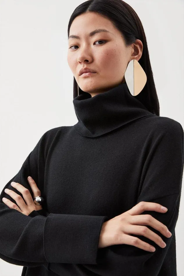 Knitwear Women Karen Millen Merino Wool Asymmetric Funnel Neck Knit Jumper Black