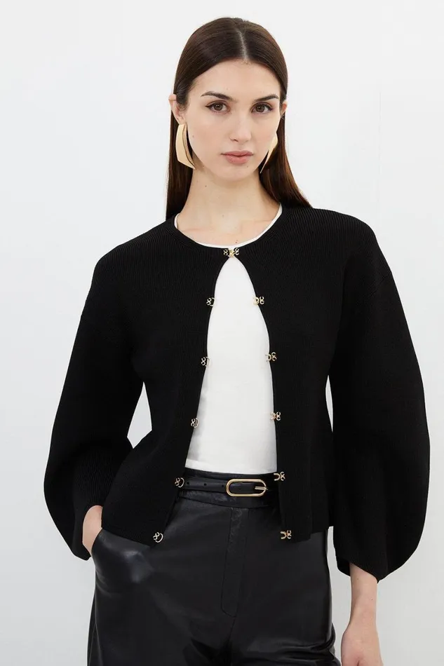 Knitwear Women Karen Millen Rib Knit Rounded Sleeve Hook and Eye Detail Cardigan Black Knitwear Women Karen Millen Rib Knit Rounded Sleeve Hook and Eye Detail Cardigan Black