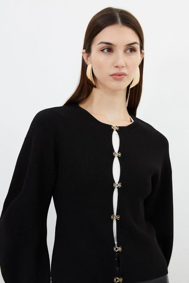 Knitwear Women Karen Millen Rib Knit Rounded Sleeve Hook and Eye Detail Cardigan Black
