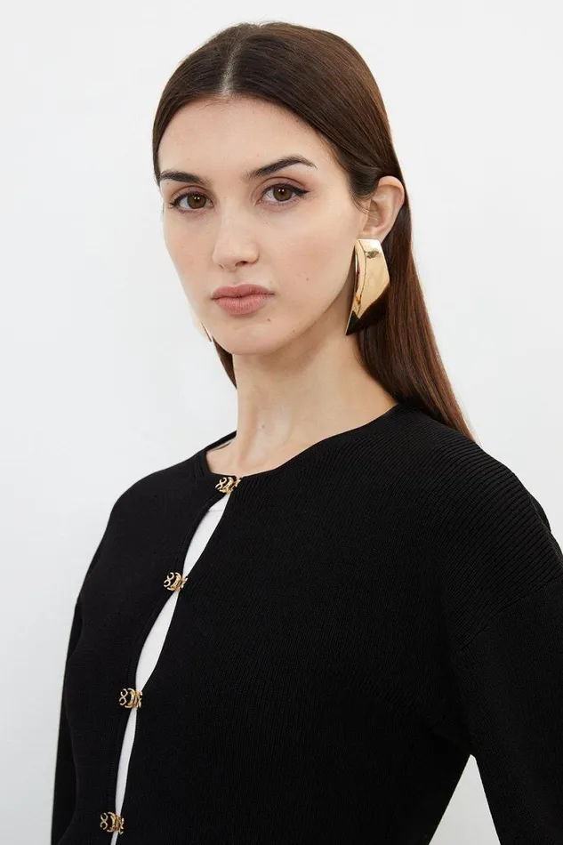 Knitwear Women Karen Millen Rib Knit Rounded Sleeve Hook and Eye Detail Cardigan Black