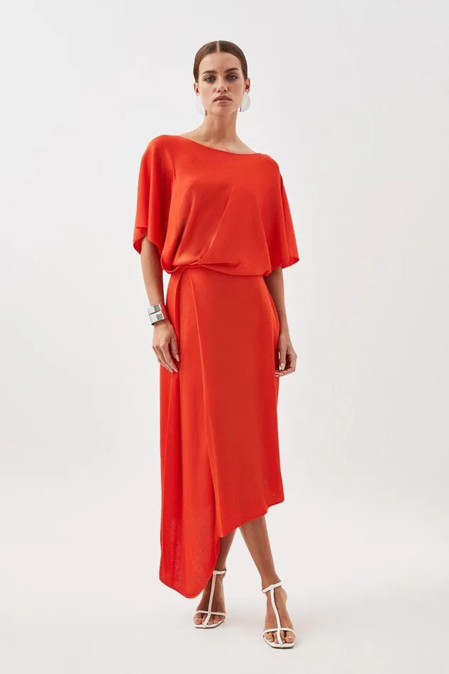 Knitwear Women Karen Millen Slinky Knit Angel Sleeve High Low Dress Orange
