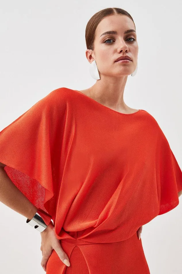 Knitwear Women Karen Millen Slinky Knit Angel Sleeve High Low Dress Orange